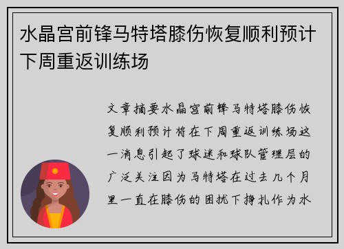 水晶宫前锋马特塔膝伤恢复顺利预计下周重返训练场